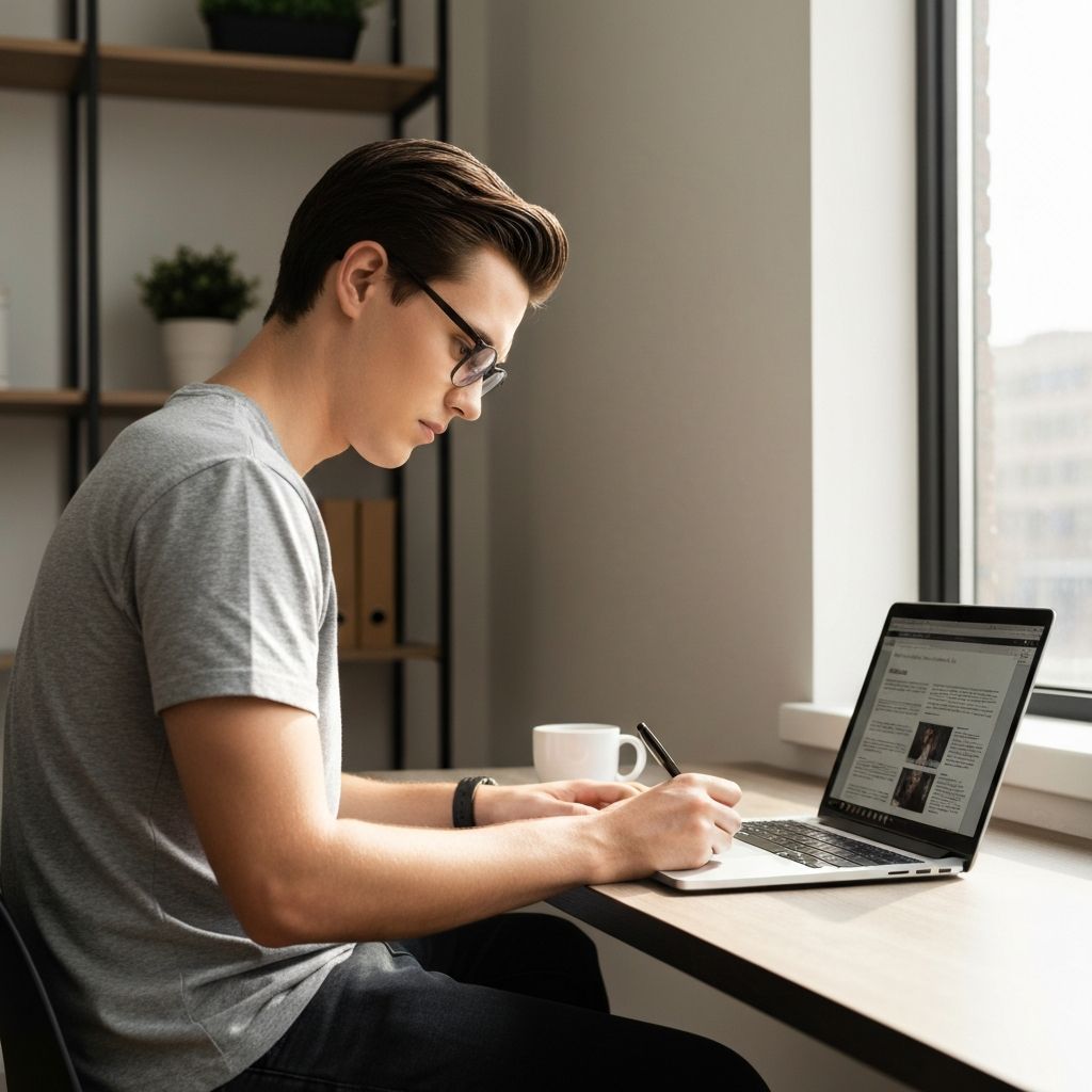 Simon Jacobs at work writing articles